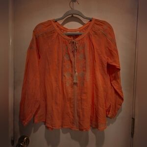 LOFT Orange Embroidered Tie-Neck Boho Tunic